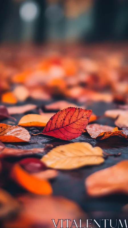Red leaf on wet ground among blurred autumn foliage.