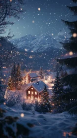 Snowlit alpine village with glowing festive chalets.