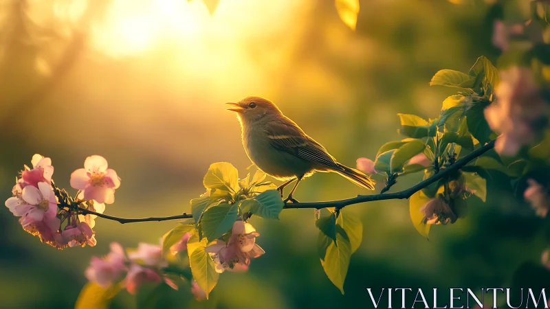 Singing songbird on blossoming branch at sunrise, dreamy style.