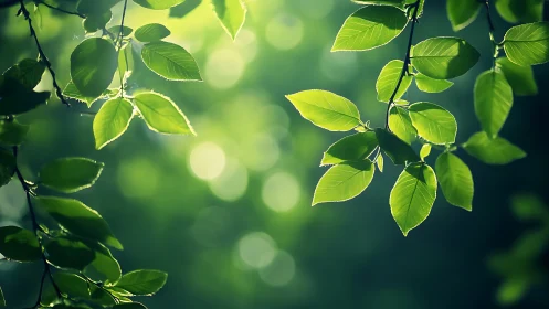 Sunlit green leaves with soft bokeh background, nature photography.