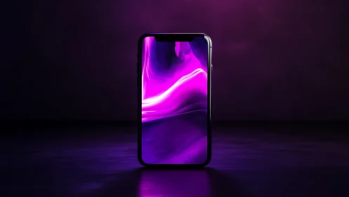Smartphone stands upright with vivid purple abstract display
