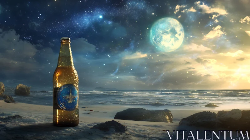 Backlit beer bottle on wet shoreline under luminous cosmic sky