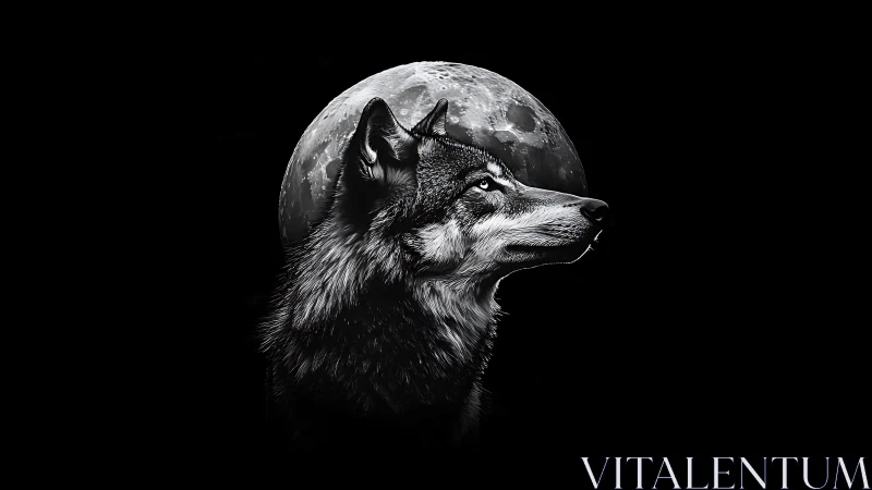 Lone wolf profile in monochrome against luminous full moon.