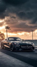 Matte black Mercedes coupe cuts through moody coastal sunset