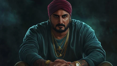 Intense turbaned man in teal sweatshirt under moody light.