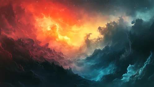 Celestial Rift Where Ember Skies Clash With Frozen Tides.