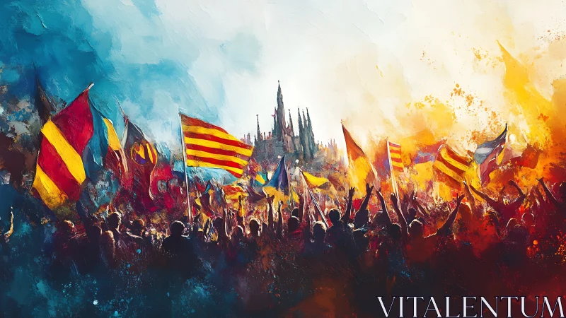 Crowd celebrates with vivid flags before distant cathedral.