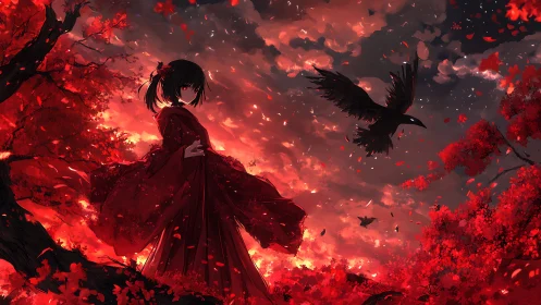 Girl in red kimono stands under crimson sky with crows.