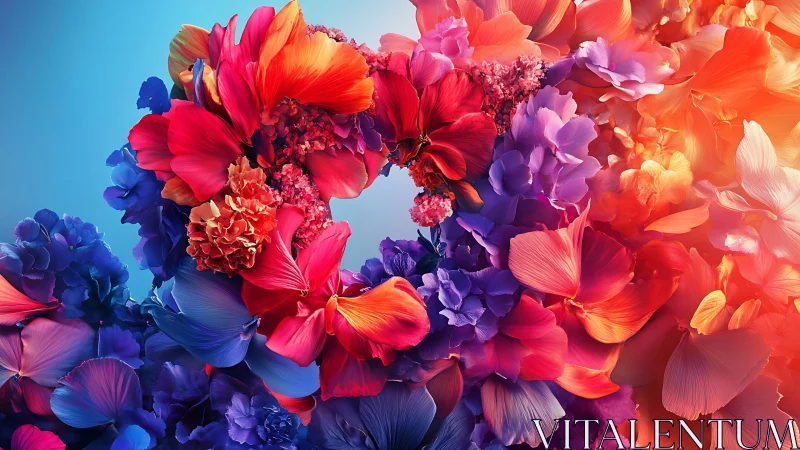 Vibrant Floral Arrangement with Gradient Petals Against Blue Sky.