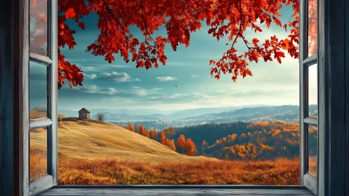 Open window frames wide autumn valley with distant hills
