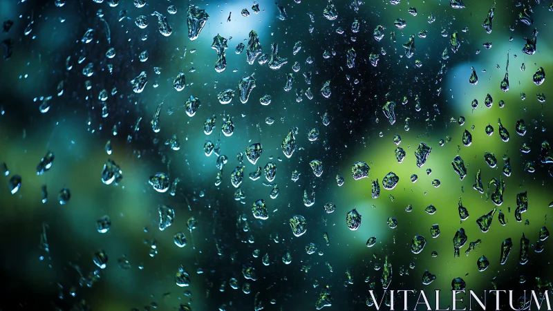 Raindrops cling to glass with blurred green background