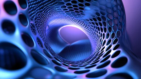 Futuristic abstract tunnel with perforated surface in neon colors.