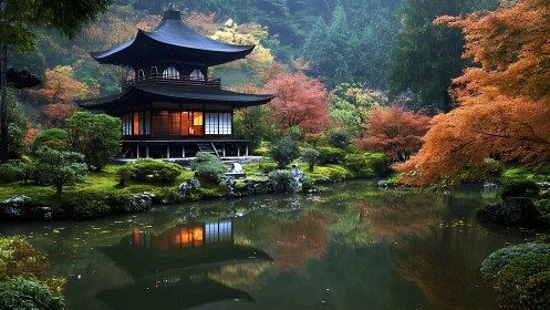 Serene Japanese pavilion mirrored in misty autumn pond.