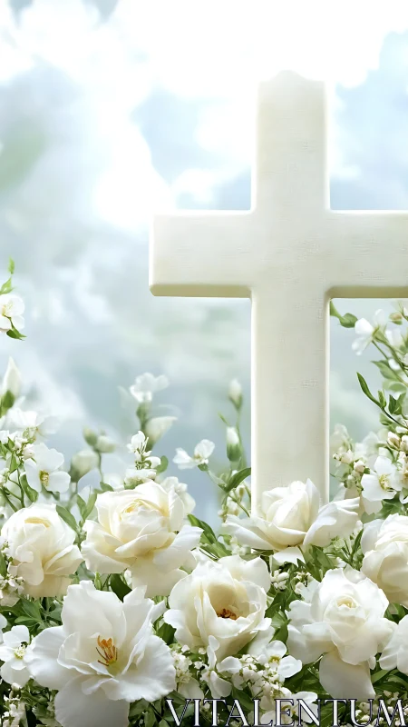 Luminous white cross rising from clouds of serene blossoms.