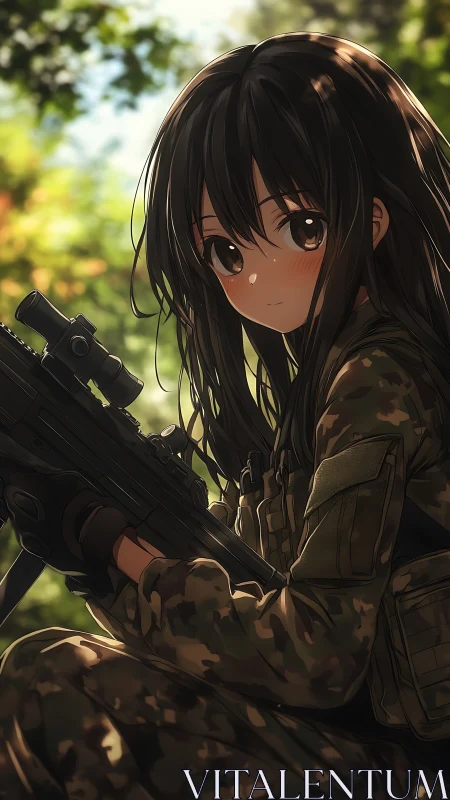 Soft sunlight, quiet courage with a woodland anime scout.