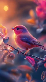 Iridescent songbird on twig in bokeh sunset, neon warm palette