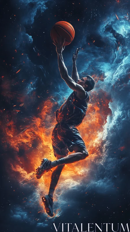 Basketball player soars through fiery cosmic storm.
