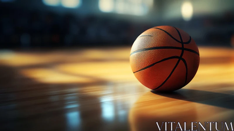 Basketball rests on polished indoor court floor under light