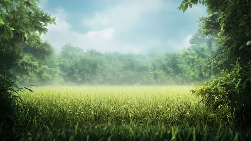 Fog-softened meadow recedes toward dense tree line and humid sky