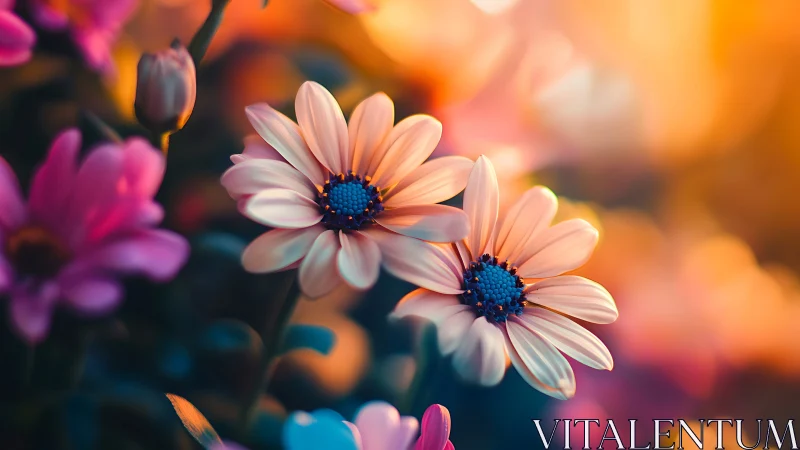 Peach Daisies Bloom in Vibrant Golden Light.