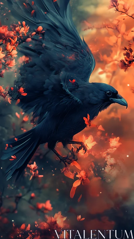 Raven in fiery blossoms over glowing ethereal garden.