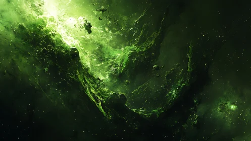 Green cosmic nebula swirling in deep outer space.