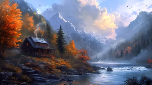 Autumn riverside cabin beneath luminous alpine peaks.
