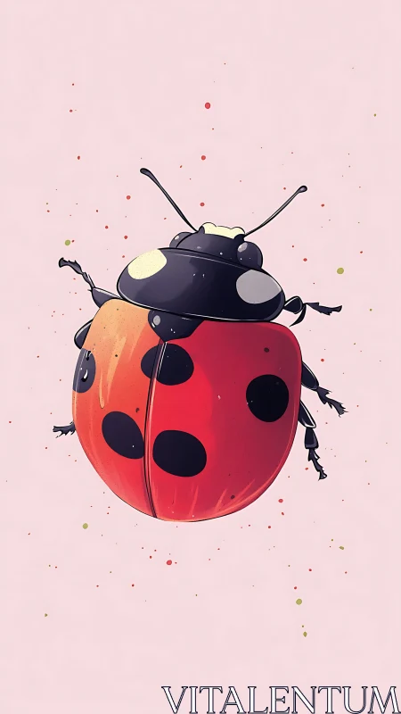 Ladybug illustration on pale pink background with specks.