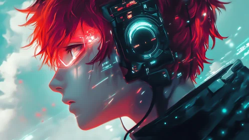 Dreamy red‑haired cyborg listening for distant futures.