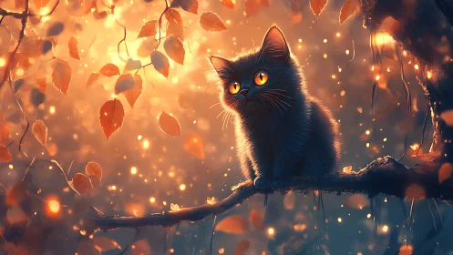 Black Cat with Glowing Eyes in Autumn Forest
