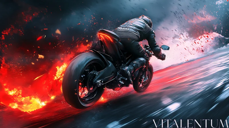 High-speed sport motorcycle accelerates through explosive fire trail