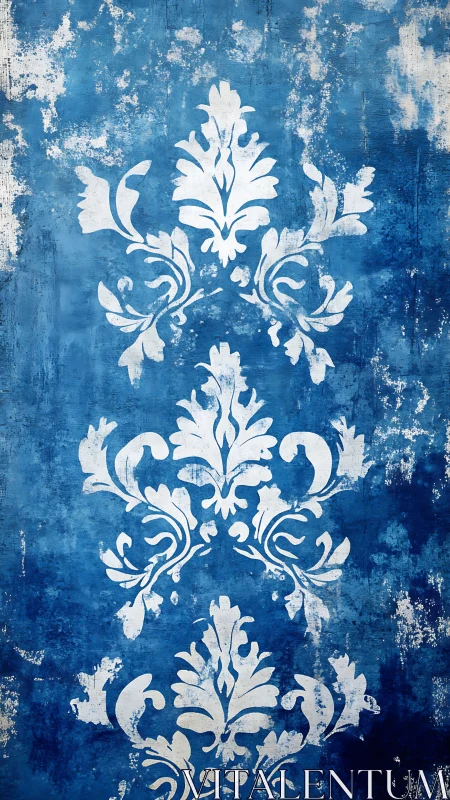 Distressed cobalt damask stencil with layered pigment erosion.