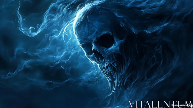 Ghostly blue skull emerging from swirling dark mist.