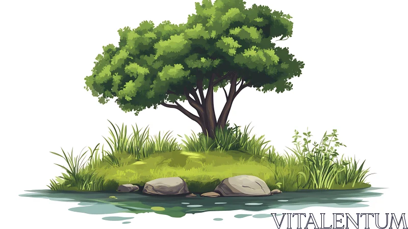 Illustration of isolated landscape with tree, grass, water elements.