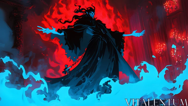 Flaming dark sorcerer commanding blue spectral flames.