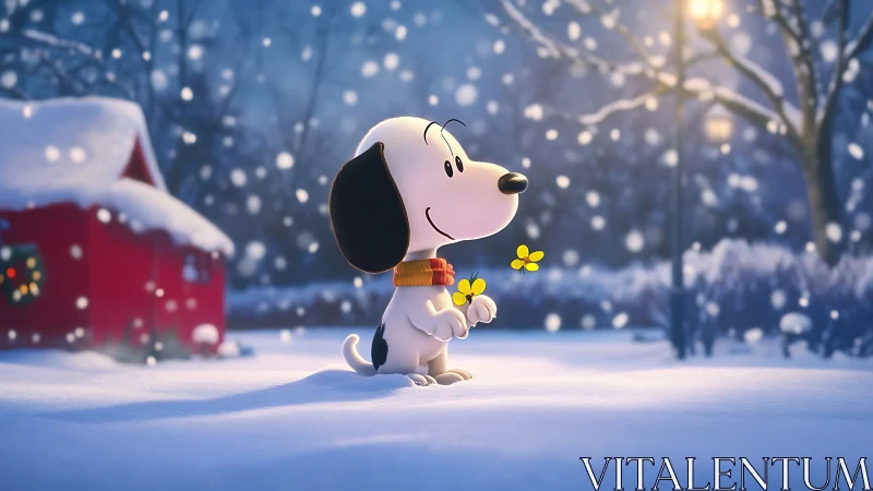 Cartoon beagle admiring butterflies in tranquil snowfall.