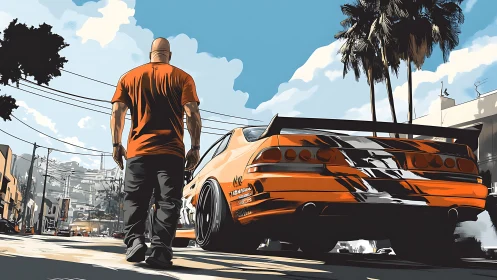 Dynamic street racer with rear-angle hero framing illustration.