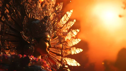 Side profile of ornate deity statue in warm backlight.