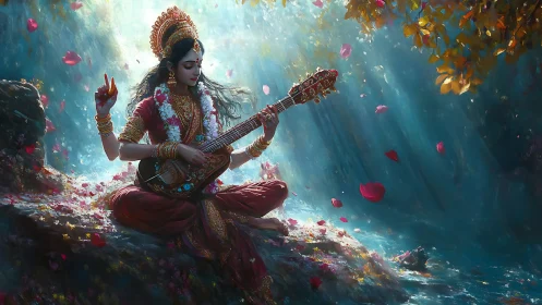Hindu goddess figure plays veena in glowing forest scene.