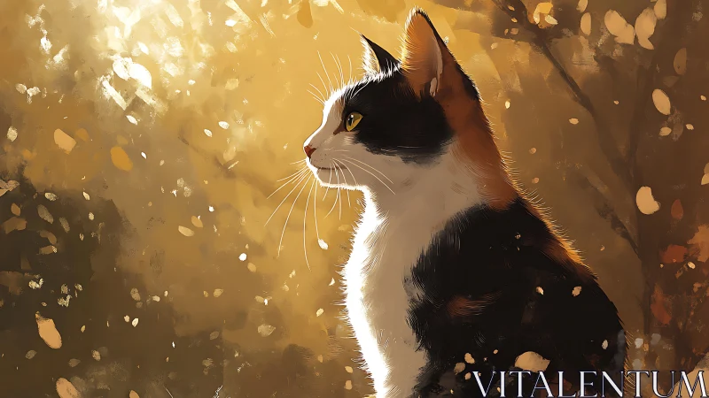 Calico cat profile in warm golden forest light.