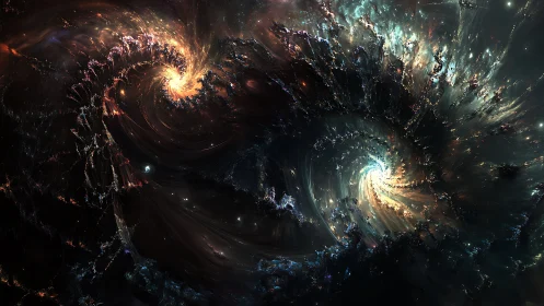 Twin cosmic vortices coil through a luminous nebula void