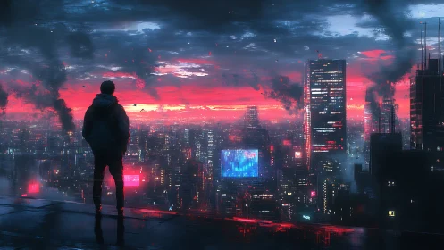 Solitary observer over emissive cybernetic dusk skyline.