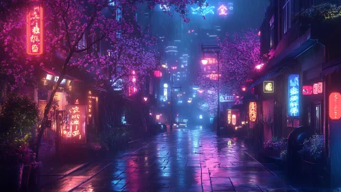 Neon lit alley with cherry trees in rainy night cityscape.