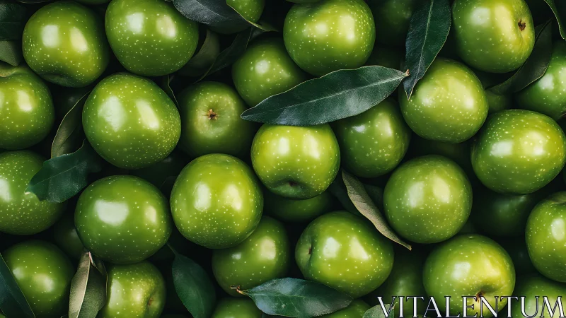 High-resolution close-up of fresh green apples with foliage