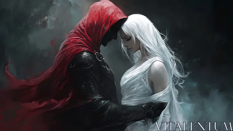 Dark figure in red hood embraces luminous white-haired woman