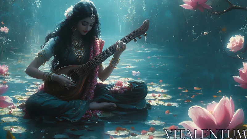 Lotus pond hushes as a veiled muse weaves music from light