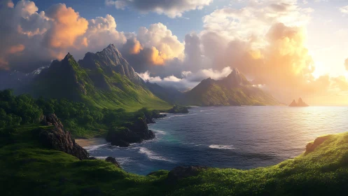 Verdant Mountains Rise from Ocean Depths at Golden Hour.