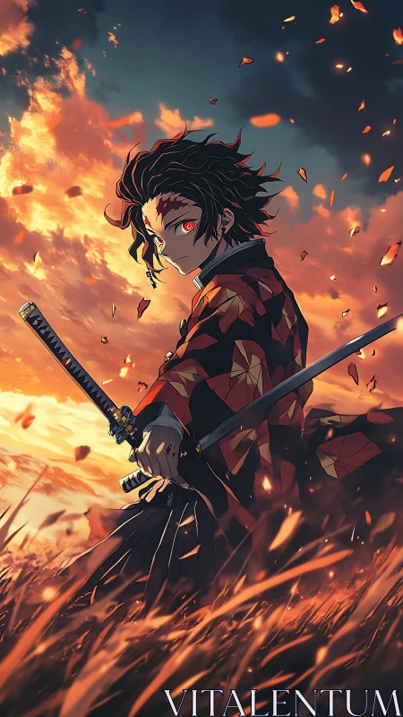 Young swordsman stands in burning field under orange sky