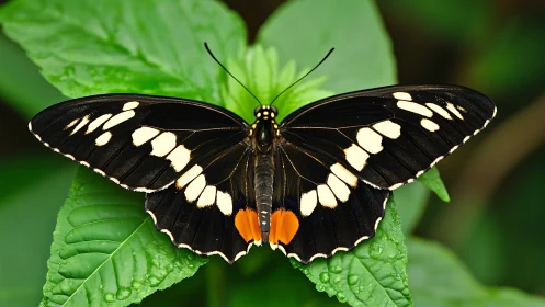 Black butterfly rests on vivid green leaves after rainfall.