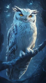 Midnight frost owl keeps luminous watch in winter glade.
